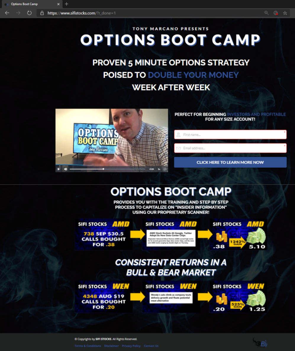 Sifistocks website original landing page. Tony Marcano presents Options Boot Camp 