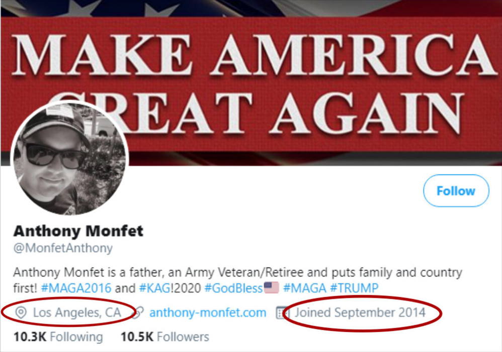 Anthony Monfet personal Twitter account shows location in Los Angeles