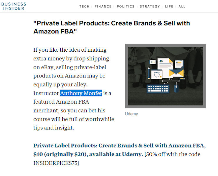 Udemy course private label products create brands and sell with Amazon FBA by Anthony Monfet