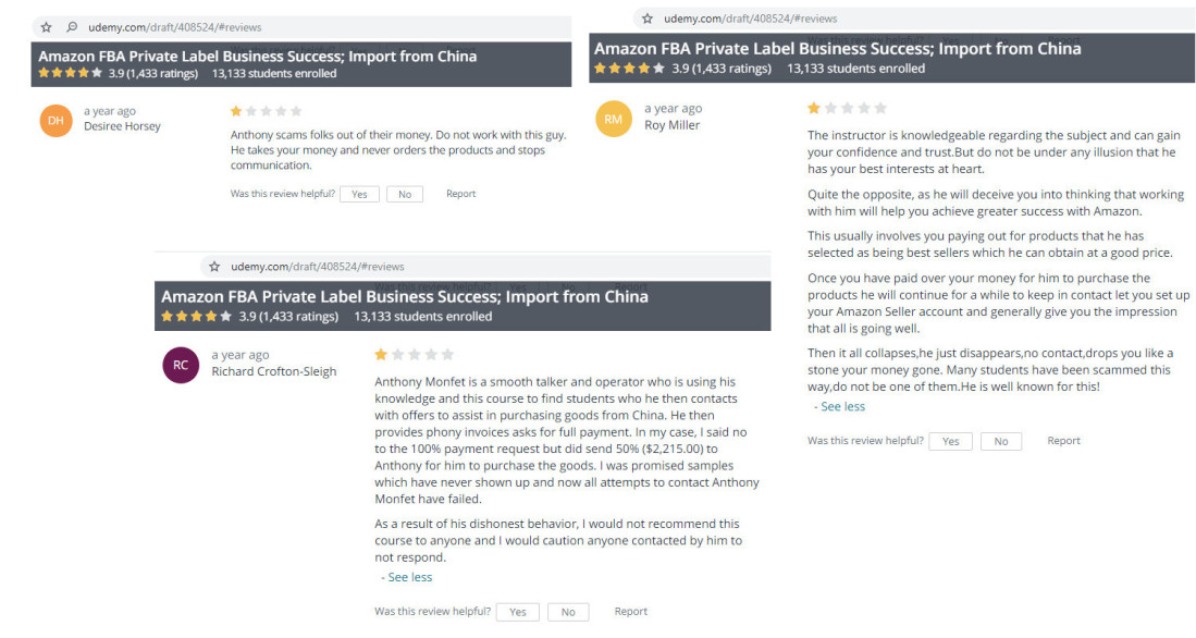 anthony monfet amazon fba prive label - udemy course - negative reviews - scam alerts