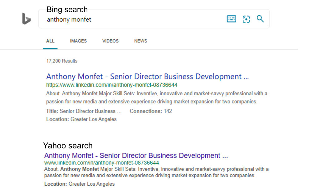 Search results on Bing an Yahoo show anthony monfet as senior director business development at Twitter