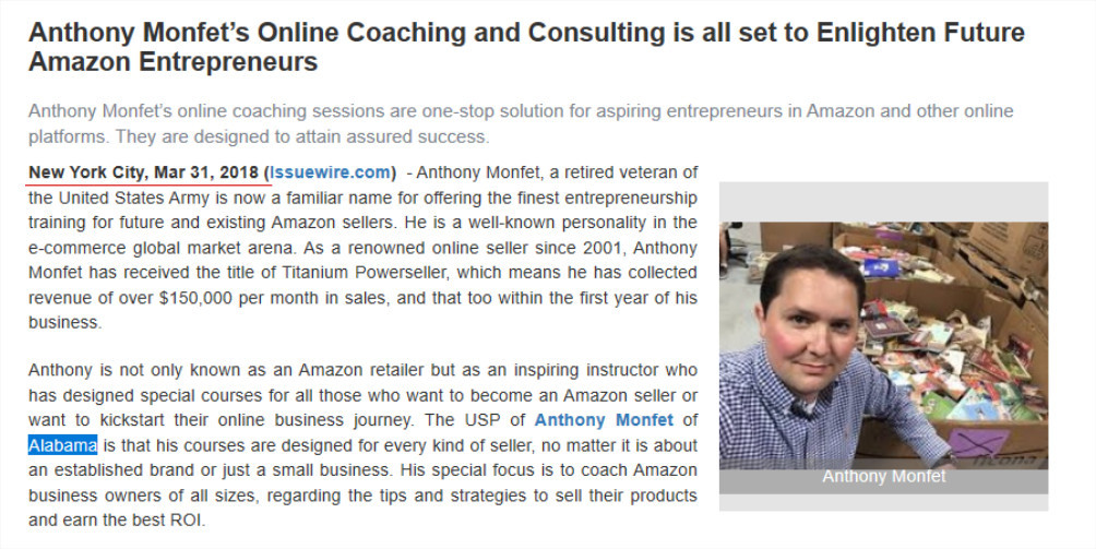 Anthony Monfet press release on issuewire.com shows he is in Alabama