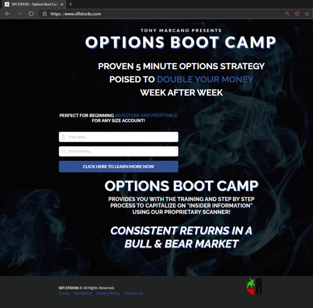 Sifistocks website edited landing page. Tony Marcano presents Options Boot Camp 