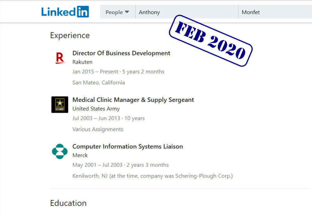 anthony monfet linkedin experience as published on february 2020