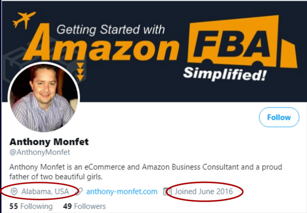 Anthony Monfet business Twitter account shows location in Alabama