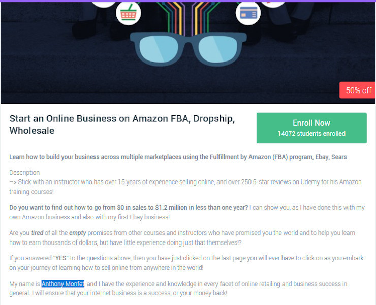 Udemy course start an online business on Amazon FBA, dropship, wholesale by Anthony Monfet