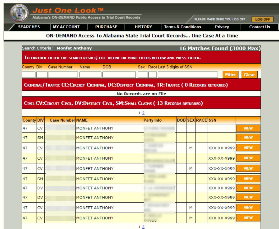 Alabama state trial court records of anthony monfet