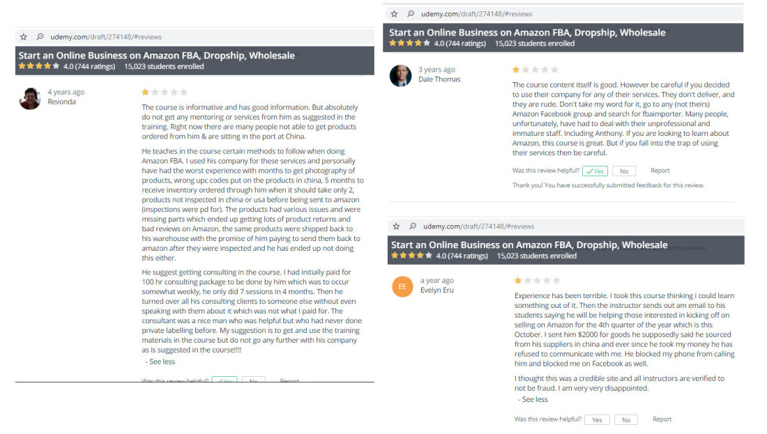 anthony monfet amazon dropship udemy course - negative reviews - fraud alerts