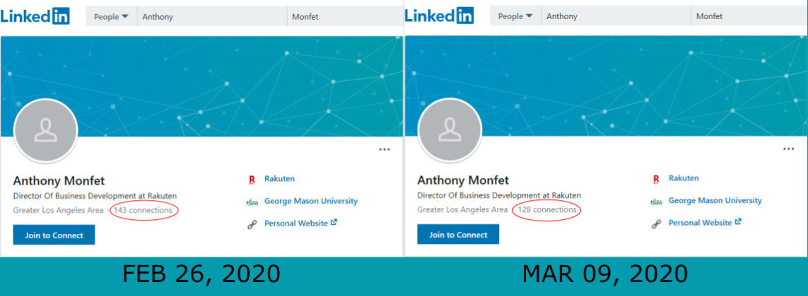 Anthony Monfet Linkedin number of connections dropped within 12 days since february 26, 2020