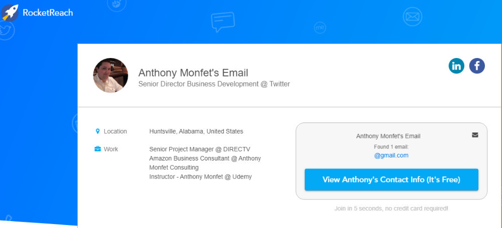 Anthony Monfet senior director business development at Twitter and location in Alabama as published on rocketreach.co