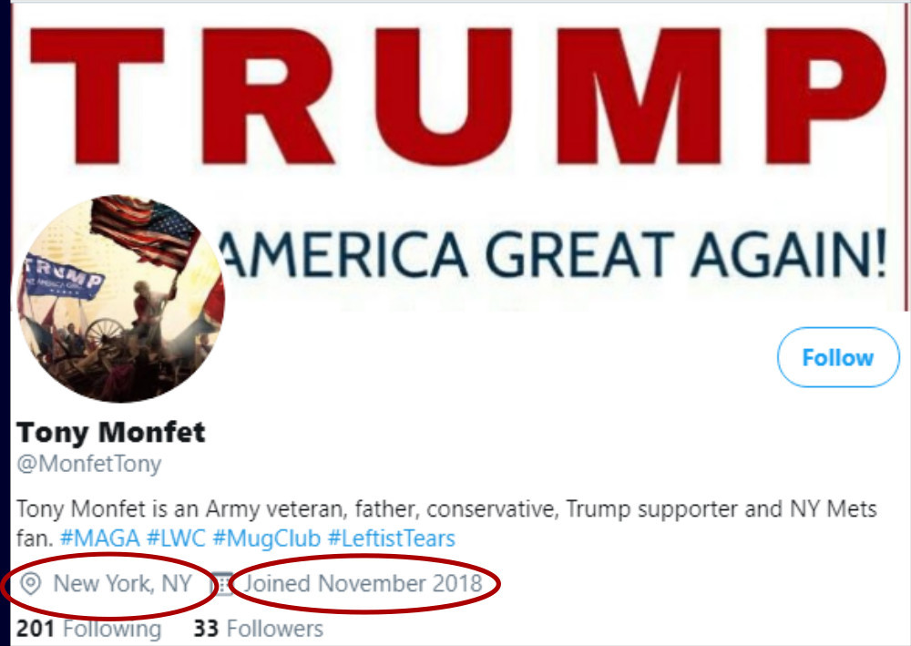 Tony Monfet Twitter account shows location in New York