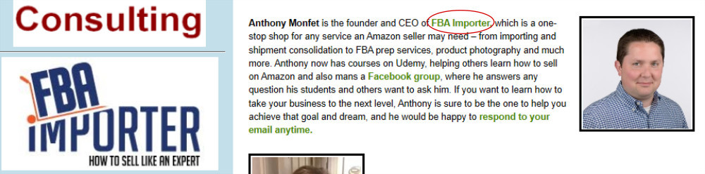 Anthony Monfet is presented as CEO of FBA Importer on an e-commerce event