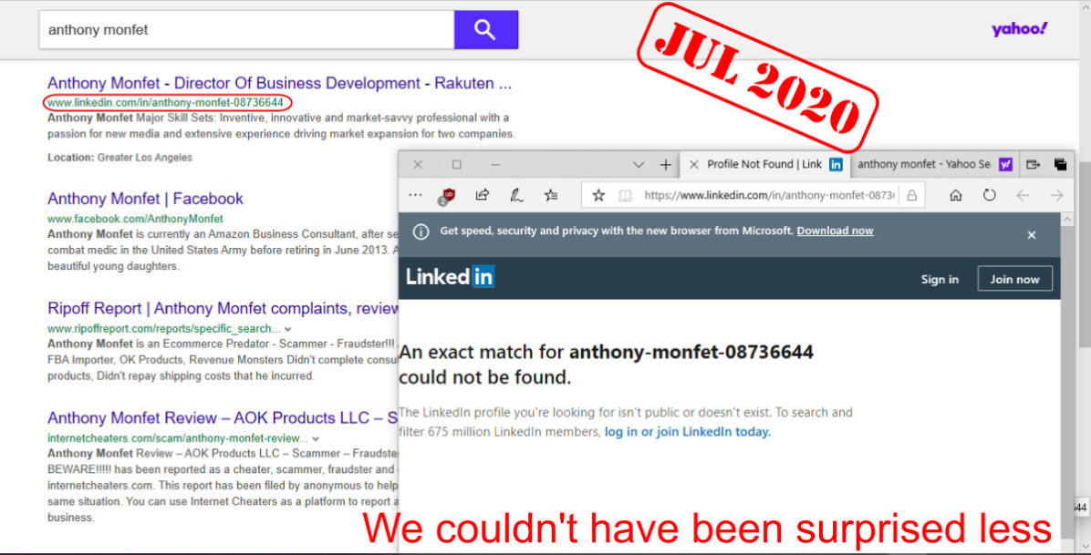 Anthony Monfet - LinkedIn profile is no longer public or does not exist