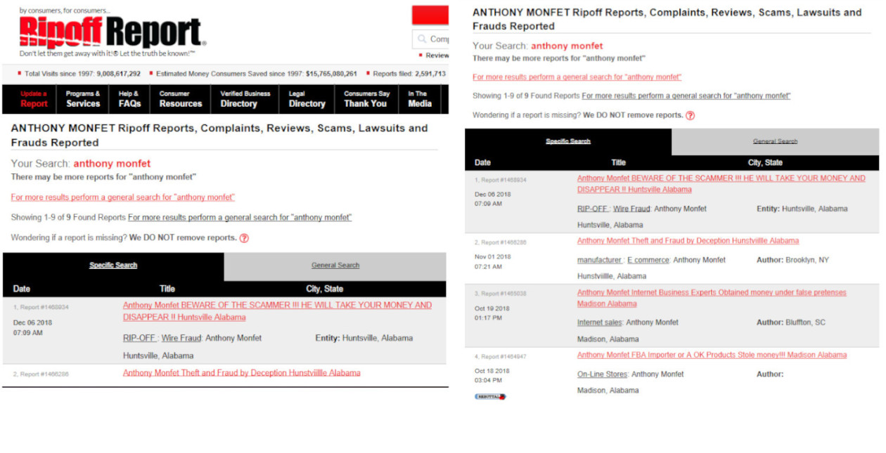 Anthony Monfet Ripoff Reports, Complaints, Reviews, Scams, Lawsuits and Fraud Reports 